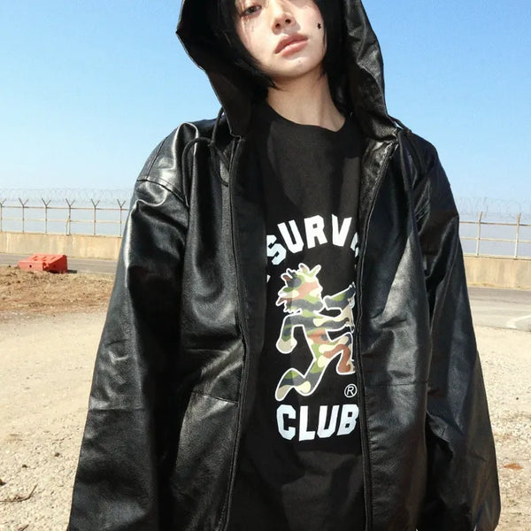 Coated Leather Hood Jumper