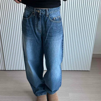 High-waisted Wide Washed Denim Long Pants