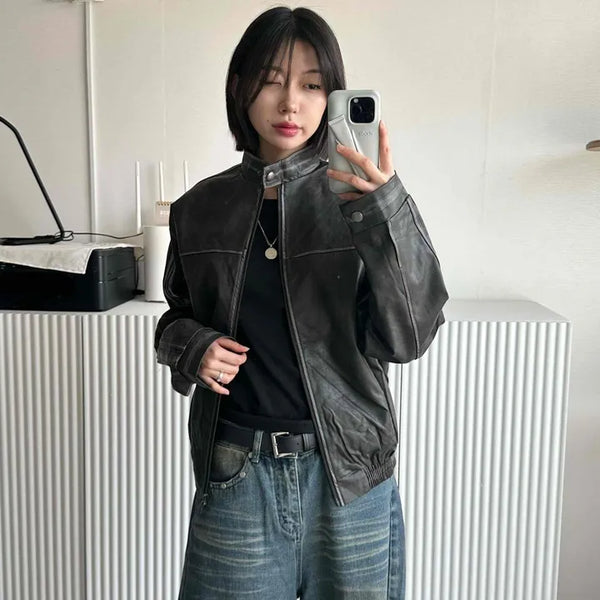 Vintage Washed Leather Bomber Jumper