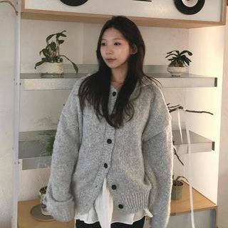 Fluffy Balloon Sleeve Short Hooded Knit Cardigan