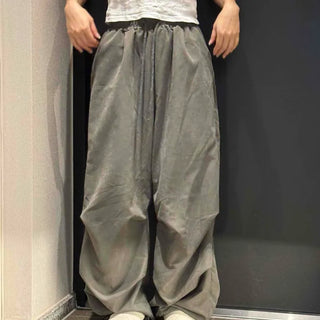 Loose-fit Shirred Waist Elastic Pocket Jogger Long Pants