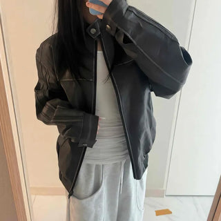 Loose Fit Two-Tone Stitch Leather Blouson Jacket