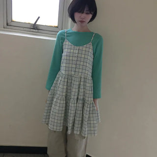 Button check sleeveless dress
