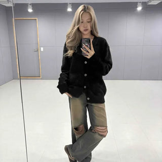 Fluffy V-Neck Loose Fit Knit Cardigan