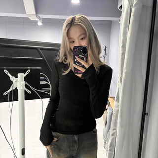 Simple V-Neck Ribbed Slim Fit Long Sleeve T-Shirt