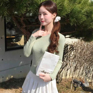 Shoulder Ribbon Round Neck Slim Fit Knit