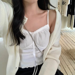 Peko Lace Shirred Ribbon Wavy Strap Sleeveless