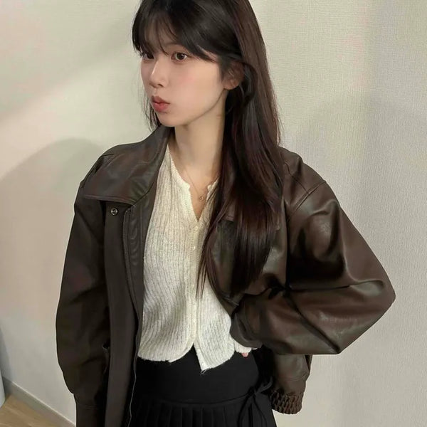 Leather Shirt Collar Flap Pocket Short Bomber Jumper