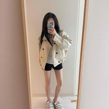 Tab Sleeve High Neck Oversized Short Trench Jacket with Shirred Hem
