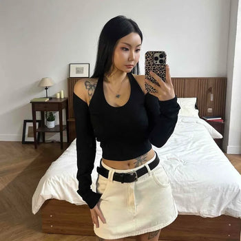 High-Waisted Belted Straight Denim Mini Skirt