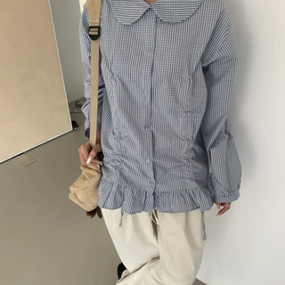Raf Check Shirred Round Collar Loose Fit Shirt