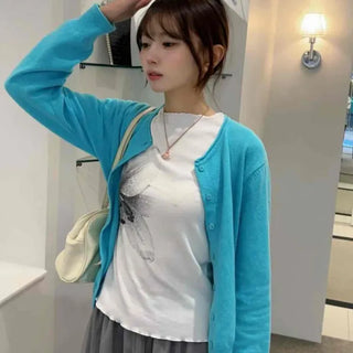 V-Neck Short-Length Colorful Snap Button Cardigan