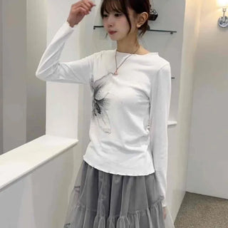 Flower Print Wave Round Neck Slim Long Sleeve Tee