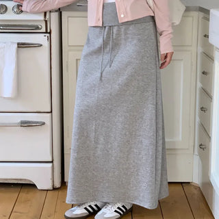 Adjustable Waist Drawstring Folding Elastic Long Skirt  Maxi Training Skirt