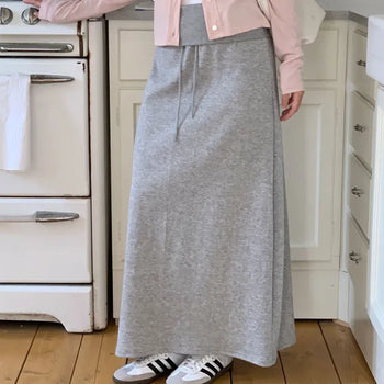 Adjustable Waist Drawstring Folding Elastic Long Skirt  Maxi Training Skirt