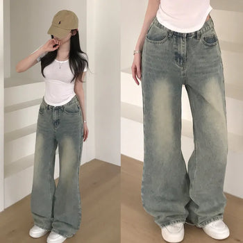 Leg-lengthening, selectable length, high-waisted washed semi-bootcut long denim pants