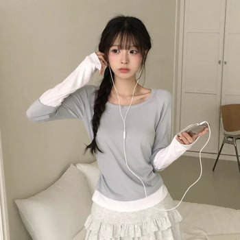 Delicate U-neck Side Shirred Short Sleeve Layered Slim Fit Long Sleeve T-shirt