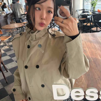 Double-button Wrist Snap Loose Fit High Neck Shirred Hem Short Trench Jacket