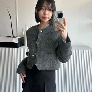 Round Neck Pocket Short Knit Jacket