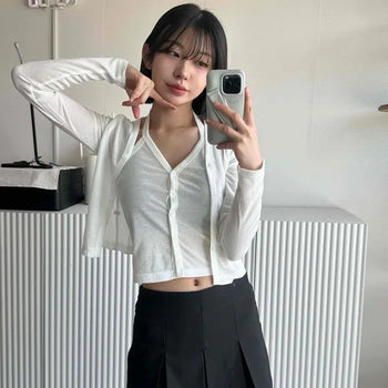 Ribbed V-Neck Halter Short Cardigan