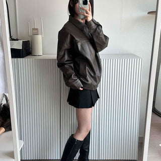 Classic Collar Zipper Pocket Leather Blouson