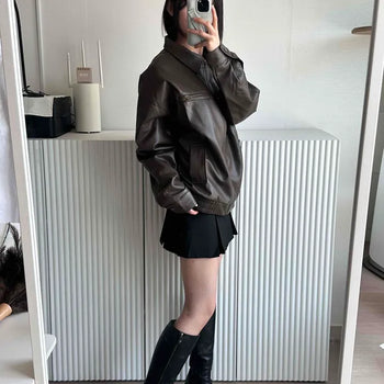 Classic Collar Zipper Pocket Leather Blouson