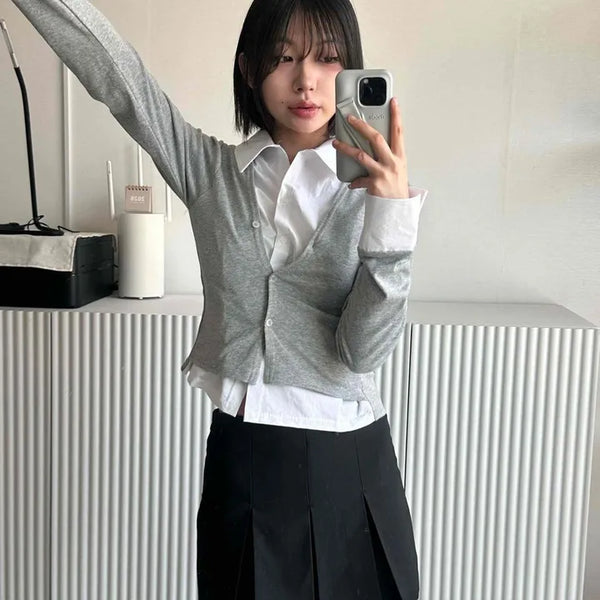 Shirt Collar Layered Slim Fit Long Sleeve T-shirt
