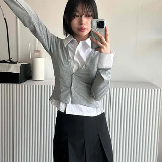 Shirt Collar Layered Slim Fit Long Sleeve T-shirt