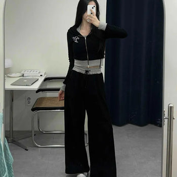 Cubic Ribbon Tie Hooded Zip-Up Shirred Ruffle Wide Tracksuit Set