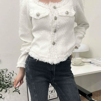 Floral Button Chest Flap Pocket Round Tweed Slim Short Jacket