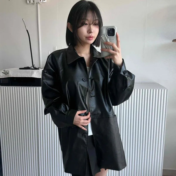 Loose-fit Pocket Long Leather Shirt Jacket