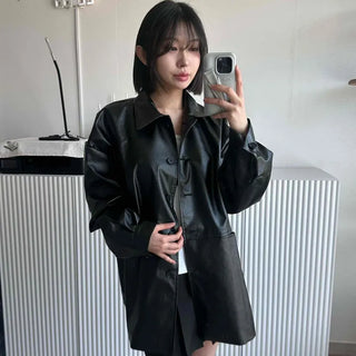 Loose-fit Pocket Long Leather Shirt Jacket