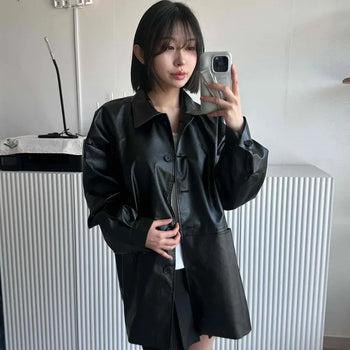 Loose-fit Pocket Long Leather Shirt Jacket