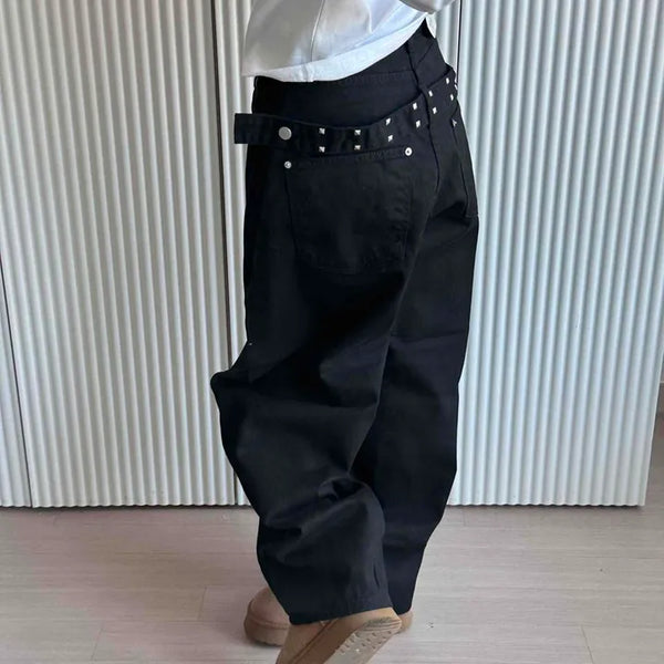 Studded Cargo Side Tab Wide Long Pants