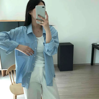 Loose Fit Long Button Sleeve Vertical Stripe Long Sleeve Shirt