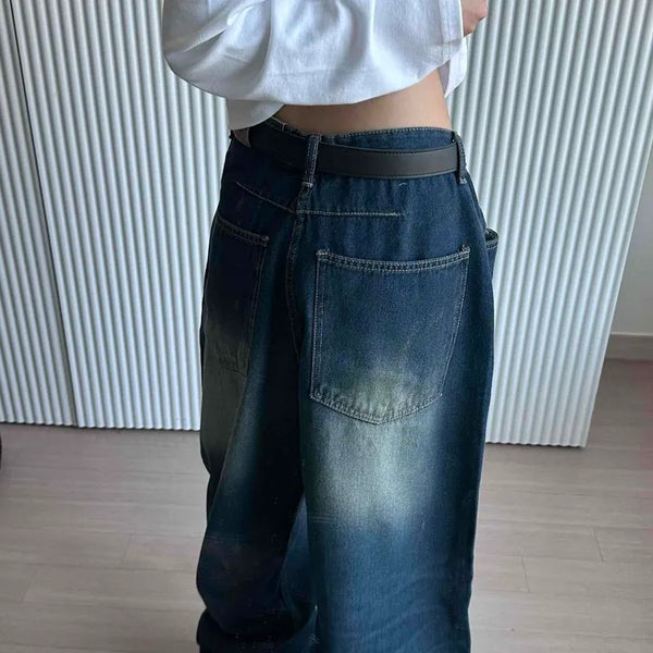Vintage washed wide denim long pants