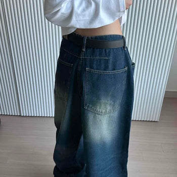 Vintage washed wide denim long pants