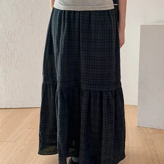 Milk pintuck shirring long skirt check tiered skirt maxi skirt date look spring spring skirt