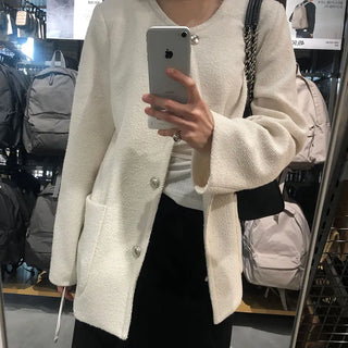Clover Women's Classic Oversized Wedding Guest Look Work Look Collarless Loose Fit Delicate Fit Tweed Jacket