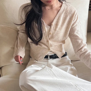 Spring Cashmere Wool V-Neck Crop Knit Cardigan