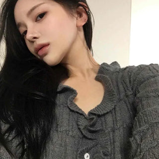 Square Neck Button-Up Ruffle Collar Slim Knit Cardigan