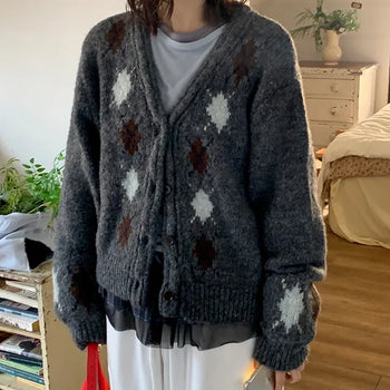 Bright Vintage Argyle Loose Fit Cardigan