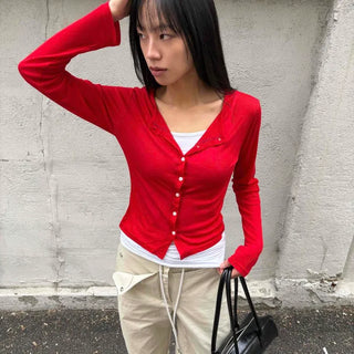 V-Neck Pearl Button Short Slim Fit Cardigan