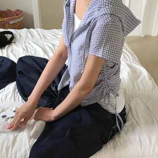 Orin Check Two-Way Shirred Short Sleeve Zip-Up