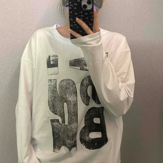 Oversized Washed Crack Lettering Round Neck Long Sleeve Tee