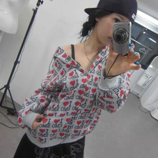 I♥EMO All-Over Lettering Heart Zip-Up Hoodie