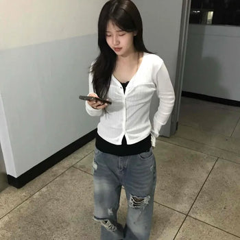 Slim Fit Center Shirred V-Neck Ribbed Knit Cardigan