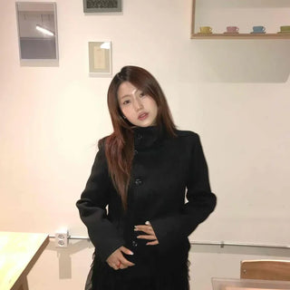 High-neck Single-button Flap Pocket A-line Short Coat
