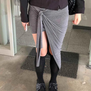 Tie String Wrap Asymmetrical Slit Long Skirt