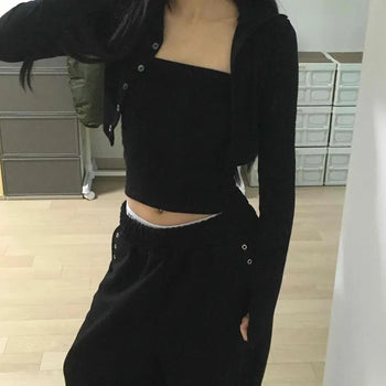 Asymmetrical Side Button-Up High Neck Tank Top Two-Piece Set Long Sleeve Tee